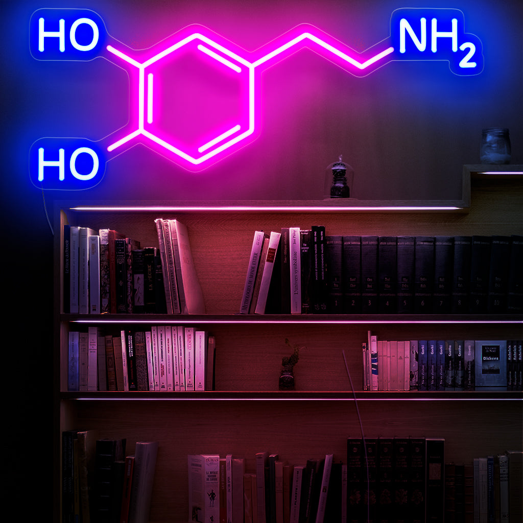 "Dopamine Molecule Neon Sign" lyser upp med ett levande sken och hyllar den molekylära strukturen som är förknippad med nöje och belöning, vilket gör den perfekt för vetenskapsentusiaster och intellektuella miljöer.