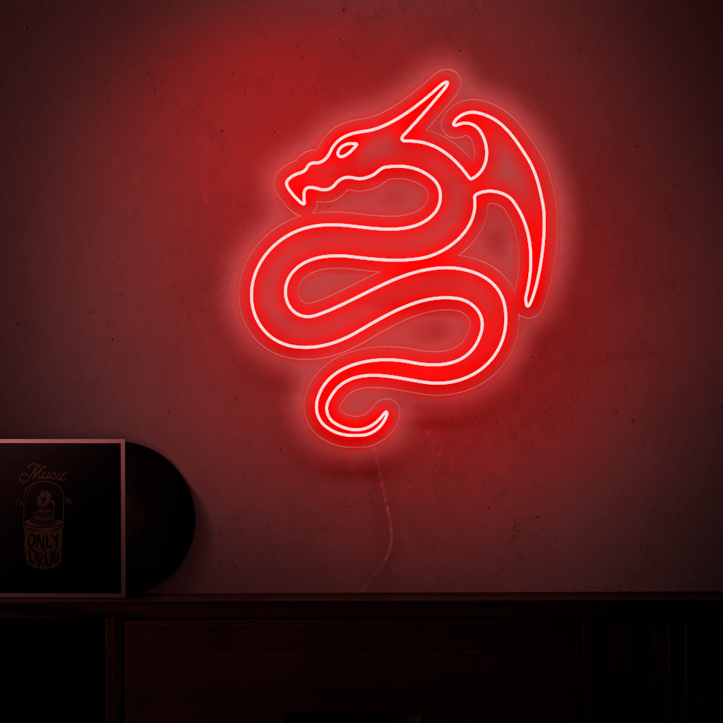 "Dragon Neon Sign" lyser upp med ett djärvt sken och för in den eldiga och mystiska närvaron av drakar i ditt utrymme, vilket gör den perfekt för fantasyentusiaster och temamiljöer.