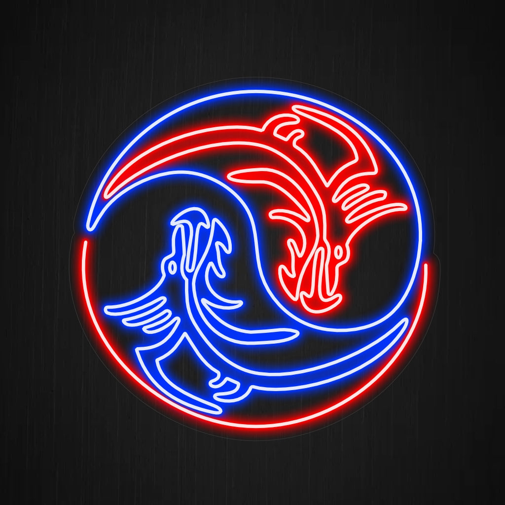 "Dragon Yin Yang Neon Sign" lyser upp med ett fängslande sken och harmoniserar drakarnas mytiska kraft med den andliga symboliken yin och yang, vilket gör den perfekt för utrymmen som söker balans och mystik.