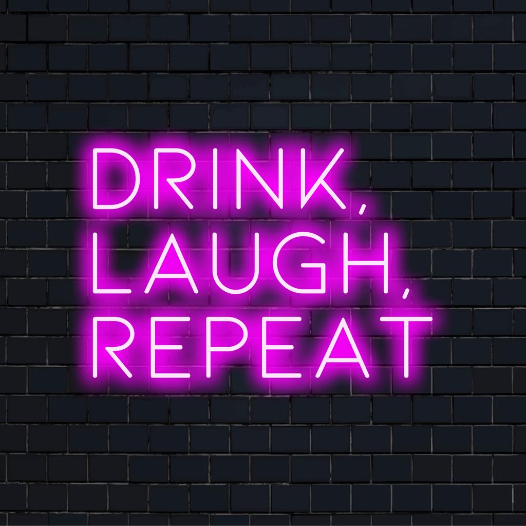 Livlig LED-neonskylt som läser Drink, Laugh, Repeat��� perfekt personlig neoncitatkonst för en livlig atmosfär.