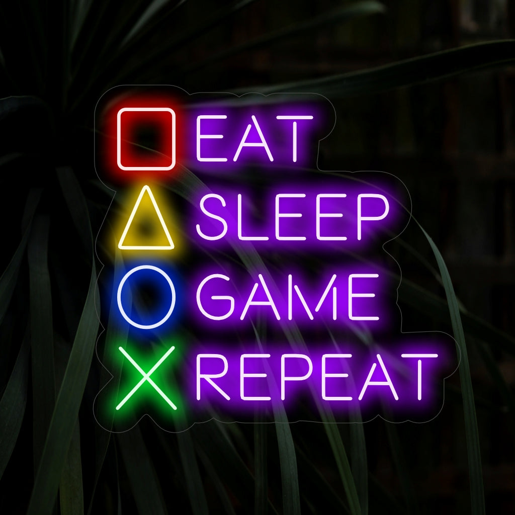 "Eat Sleep Game Repeat Neon Sign" lyser upp med ett lekfullt sken, perfekt för spelrum och utrymmen som är dedikerade till spellivsstilen och fångar spelares roliga och entusiastiska.
