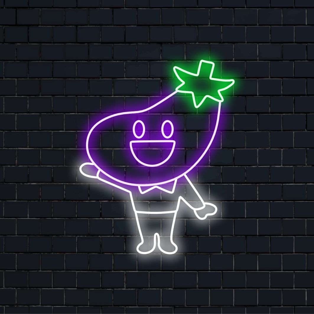 "Eggplant Head Neon Sign" lyser upp med nyckfullhet, perfekt för udda utrymmen och veganrestauranger, och ger en lekfull touch med sin kreativa auberginehuvuddesign.