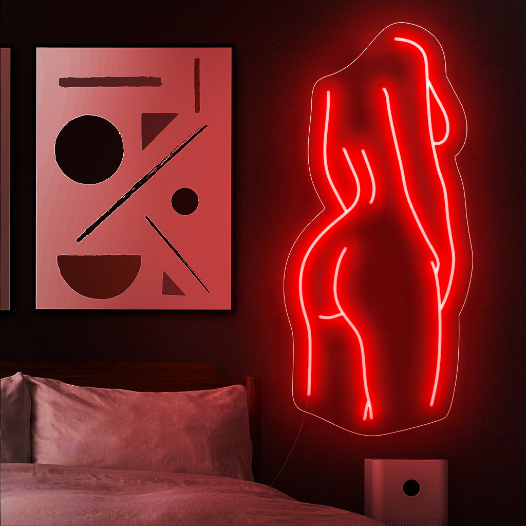 "Elegant Nude Body Neon Sign" fungerar som ett estetiskt uttryck, som lyfter fram den mänskliga formens skönhet och grace ur ett konstnärligt perspektiv.