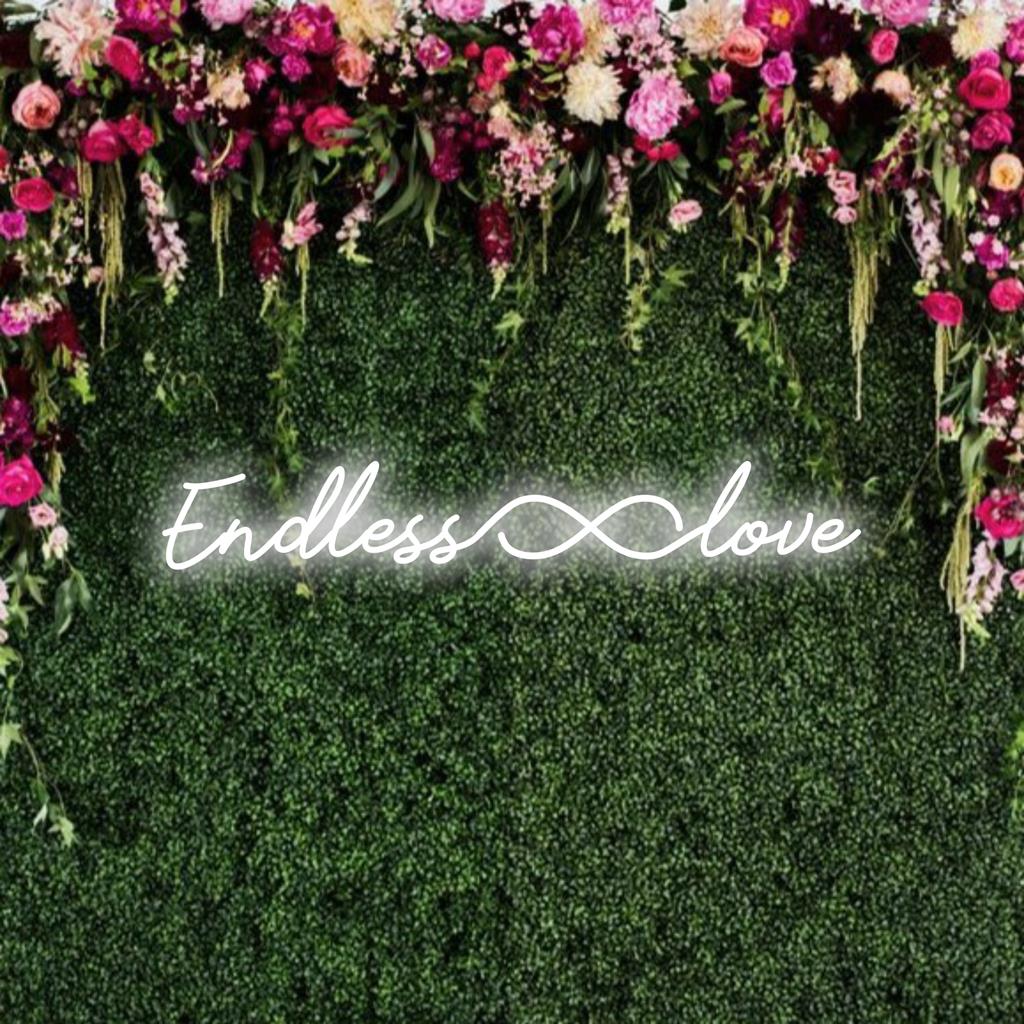 LED neonskylt med en oändlighetssymbol med Endless Love-text, perfekt för anpassad neonväggkonst och dekor.