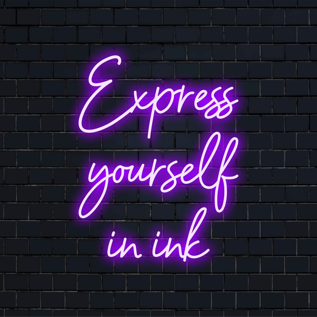 Livlig anpassad LED-neonskylt med titeln Express Yourself Ink, perfekt som slående neonväggkonst för kreativa uttryck.