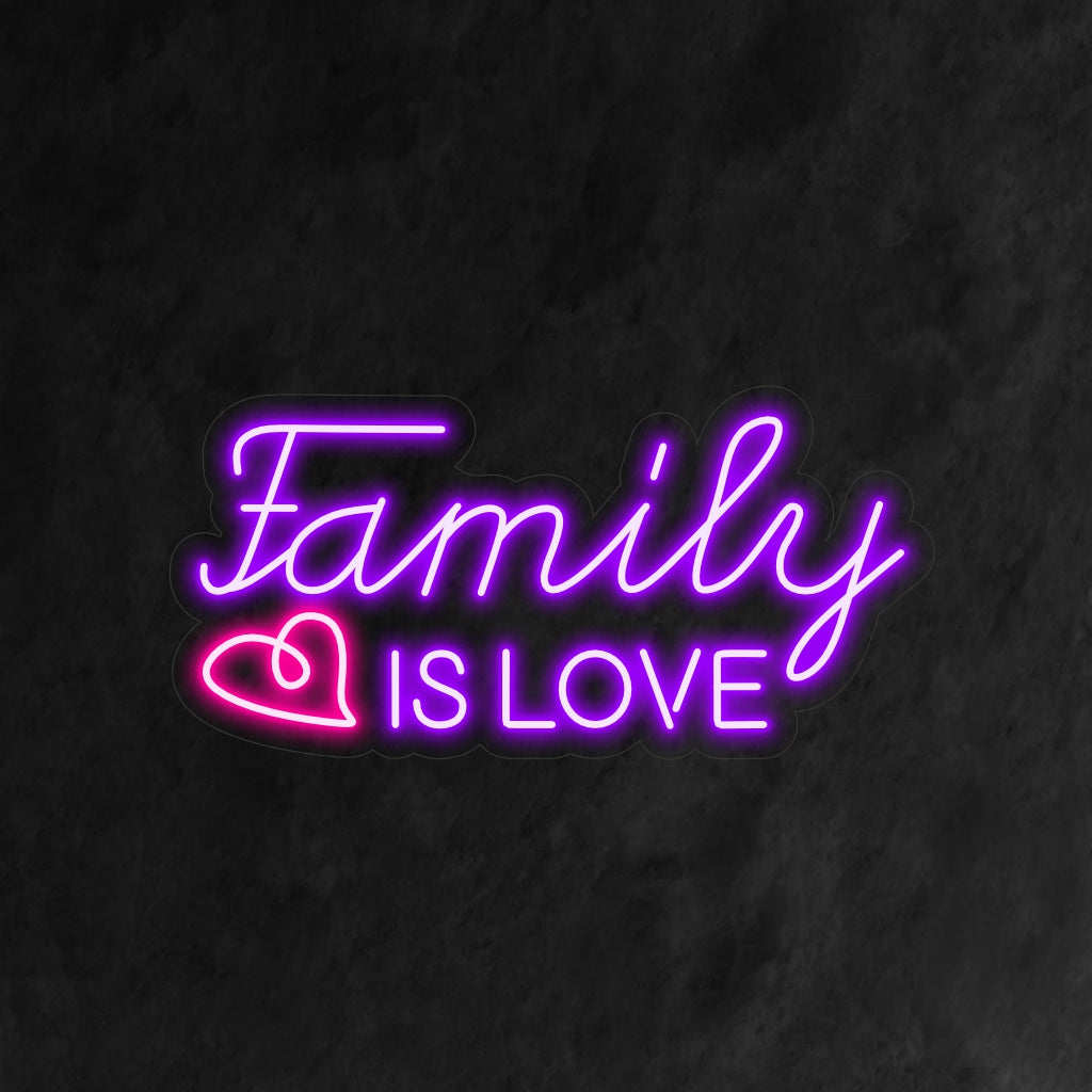 "Family Is Love Neon Sign" lyser upp med ett hjärtevärmande sken, perfekt för hem och utrymmen som hyllar familjens omhuldade band och lägger till en touch av värme och kärlek till atmosfären.