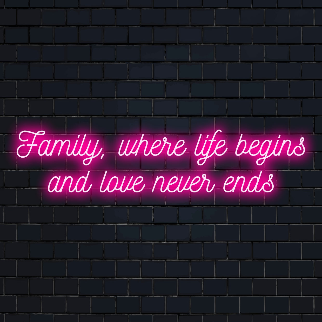 Anpassad LED-neonskylt med frasen Family Where Life Begins och Love Never Ends, perfekt för innerlig heminredning.