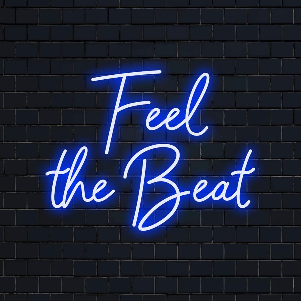 Vibrant Feel The Beat LED neonskylt, perfekt för att ge energi till alla utrymmen med sin fängslande glöd och anpassade neondekor.