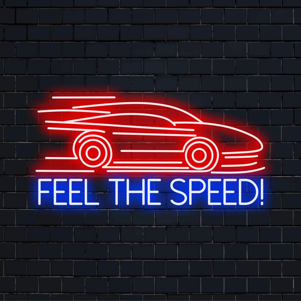 LED neonskylt med dynamisk Feel The Speed! text, en bländande inredning som blandar konst och ljus för alla utrymmen.