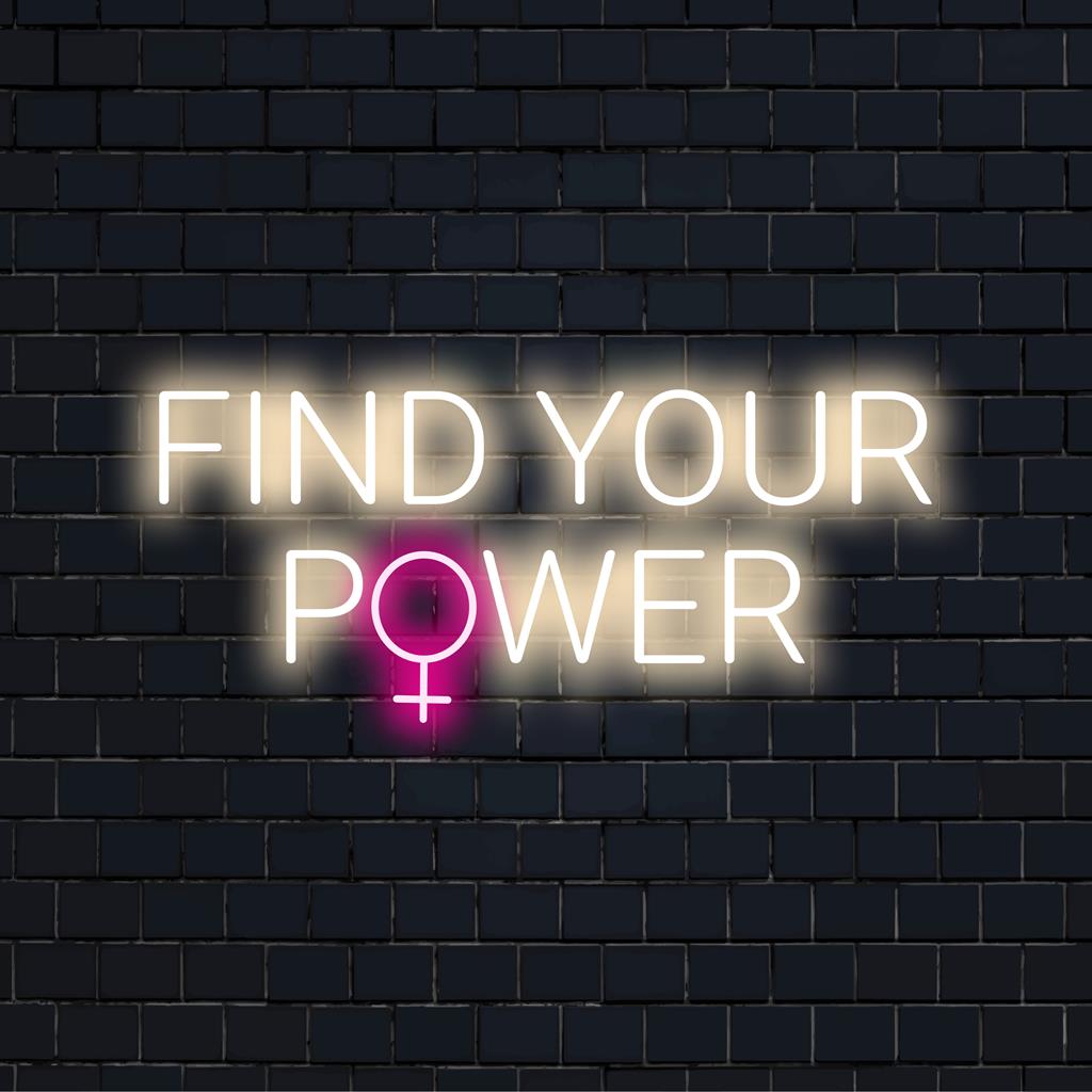 Anpassad LED-neonskylt som visar upp det inspirerande budskapet Find Your Power i levande neonljusdekor, perfekt för alla utrymmen.