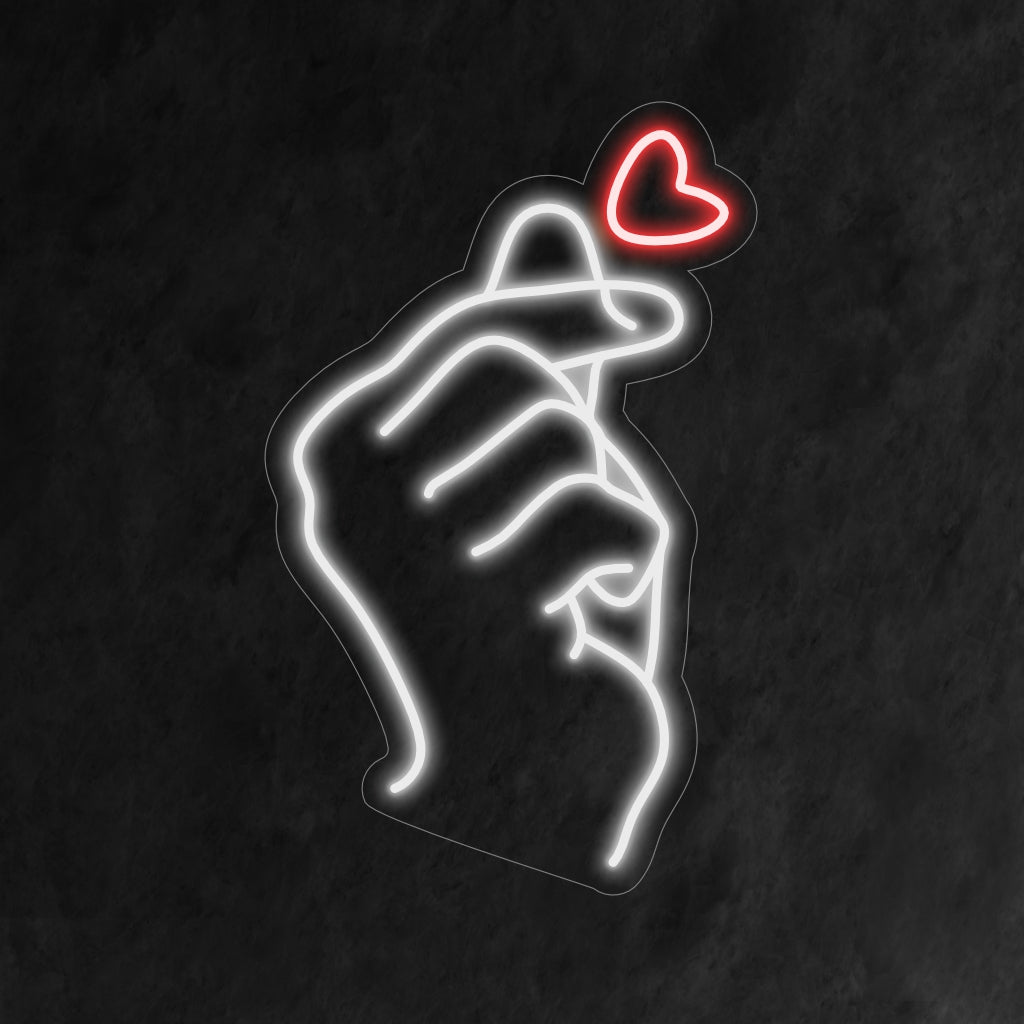 "Finger Heart Neon Sign" lyser upp med kärlek, perfekt för utrymmen som omfamnar positivitet och fingerhjärtats hjärtvärmande gest, vilket ger en söt touch till atmosfären.