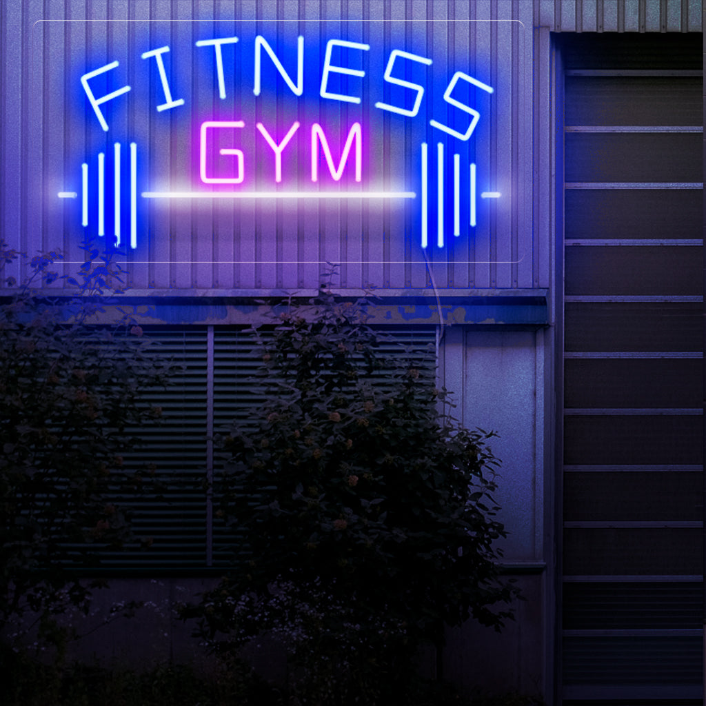 "Fitness Gym Neon Sign" lyser upp med energi, perfekt för gym och utrymmen som främjar en aktiv och hälsosam livsstil, ger en dynamisk touch för att inspirera och motivera.