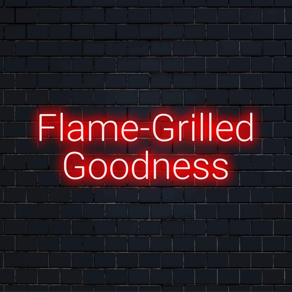 Skräddarsydd LED neonskylt med texten Flame-Grilled Goodness, perfekt för att lägga till neonstil till ett kök eller grillplats.
