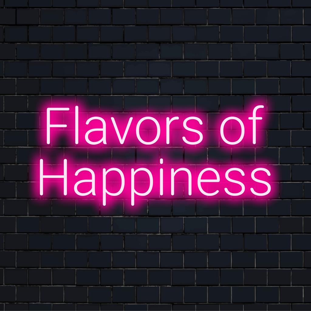 Livlig skräddarsydd LED-neonskylt med titeln Flavors Of Happiness, som förkroppsligar en unik neonkonstdesign. Perfekt för personlig inredning.