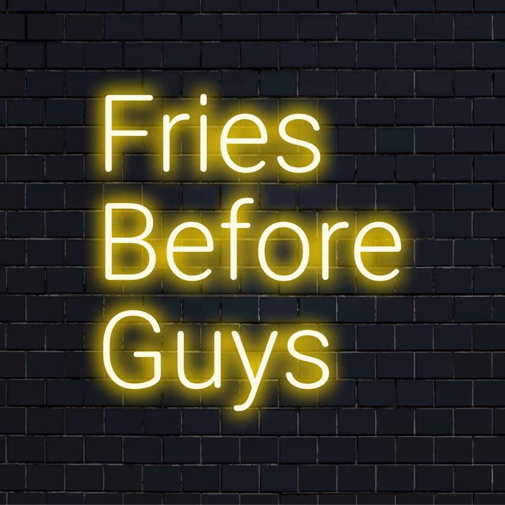 LED neonskylt som säger Fries Before Guys, perfekt som knäpp neonväggkonst, anpassad LED-dekor som gör ett trendigt uttalande.