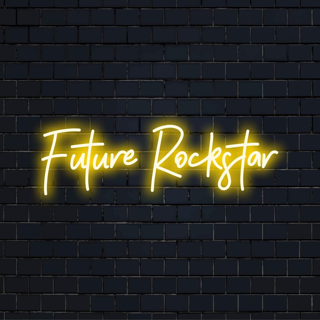 Livlig LED-skylt som läser Future Rockstar blandar humor och stil, perfekt för djärva rumsaccenter. Anpassad neonljusdekor.