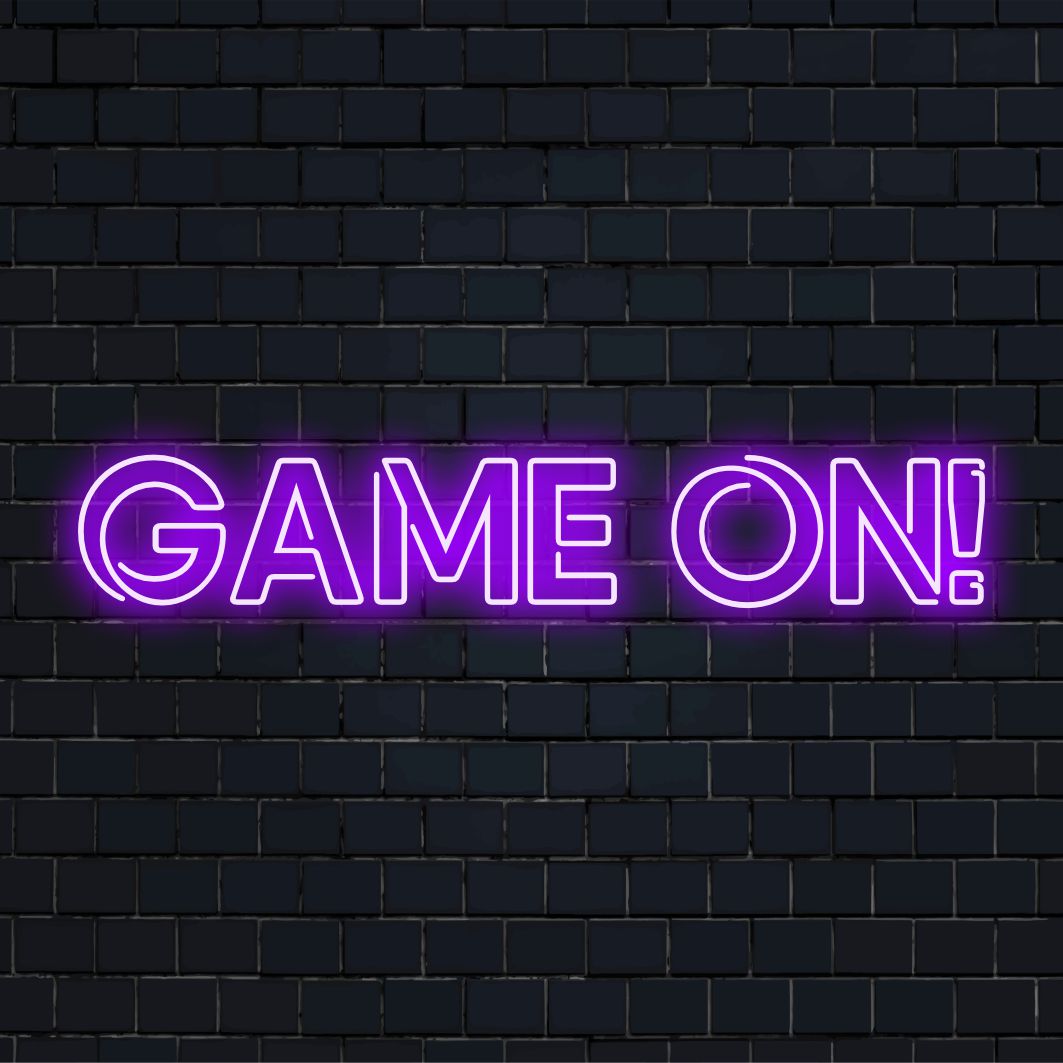 Levande "Game On!" LED neonskylt, perfekt neonljusdekor för spelrum, med djärva bokstäver och en dynamisk design.