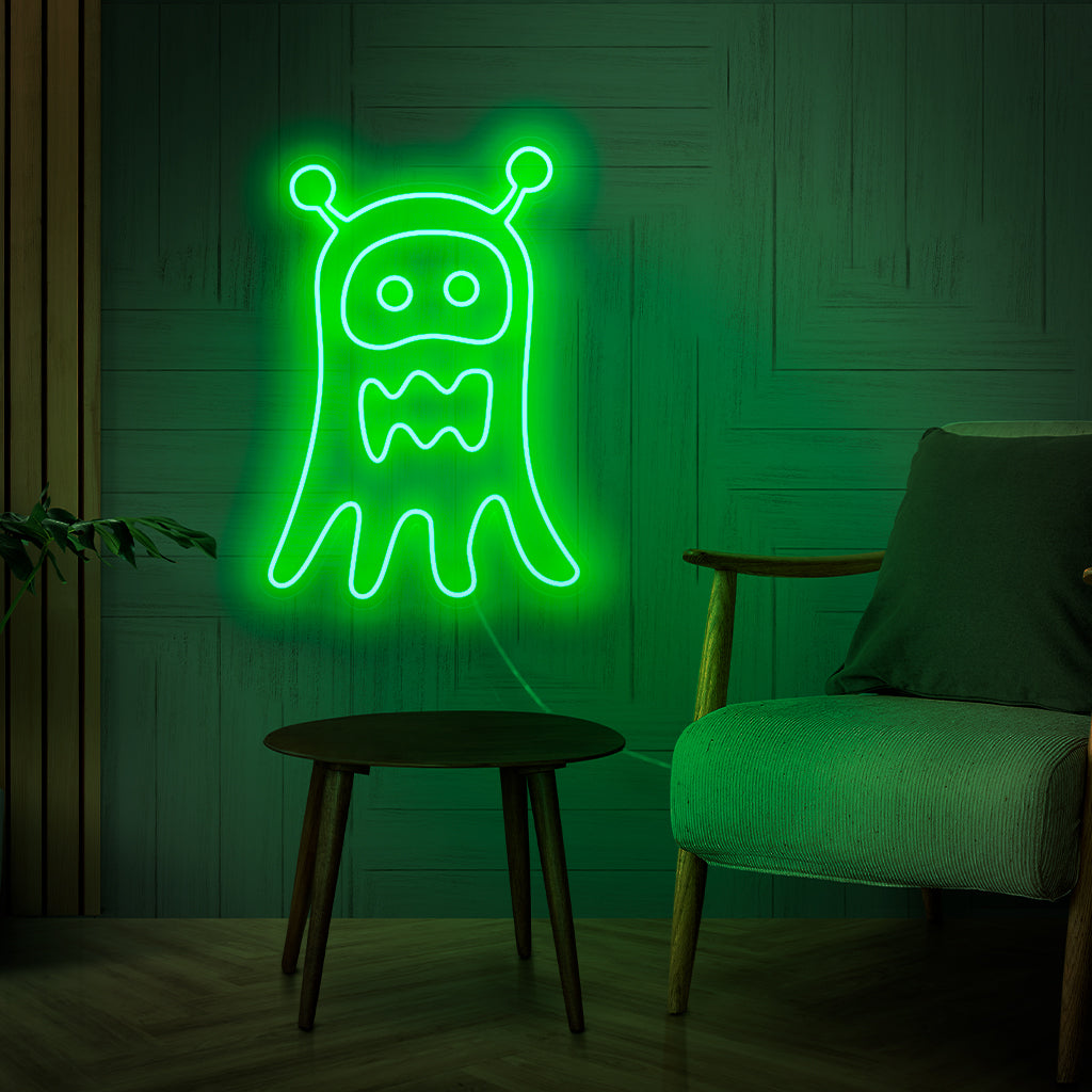 "Ghost Monster Neon Sign" - Spökande med nyckfull charm, perfekt för kreativa utrymmen och spelrum, som ingjuter en touch av lekfull spöklikhet i miljön.