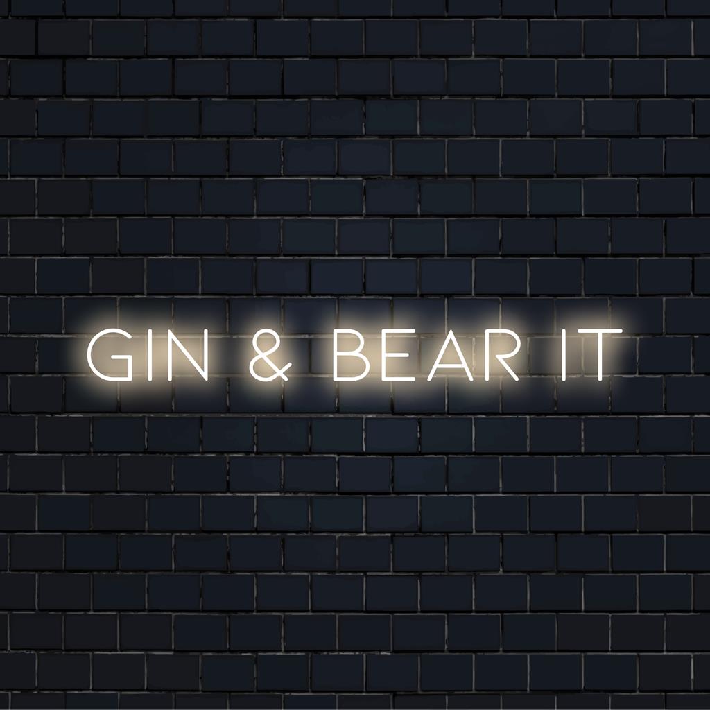 Skräddarsydd LED-neonskylt som läser Gin And Bear It, perfekt för att lägga till unik ljusinredning till alla utrymmen.