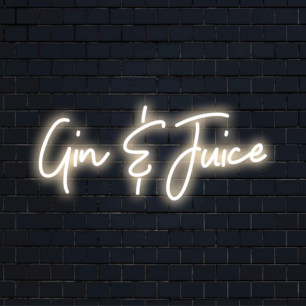 Anpassad LED-neonskylt som läser "Gin And Juice", ger en levande glöd och personlig touch till alla utrymmen, perfekt för unik neondekor.