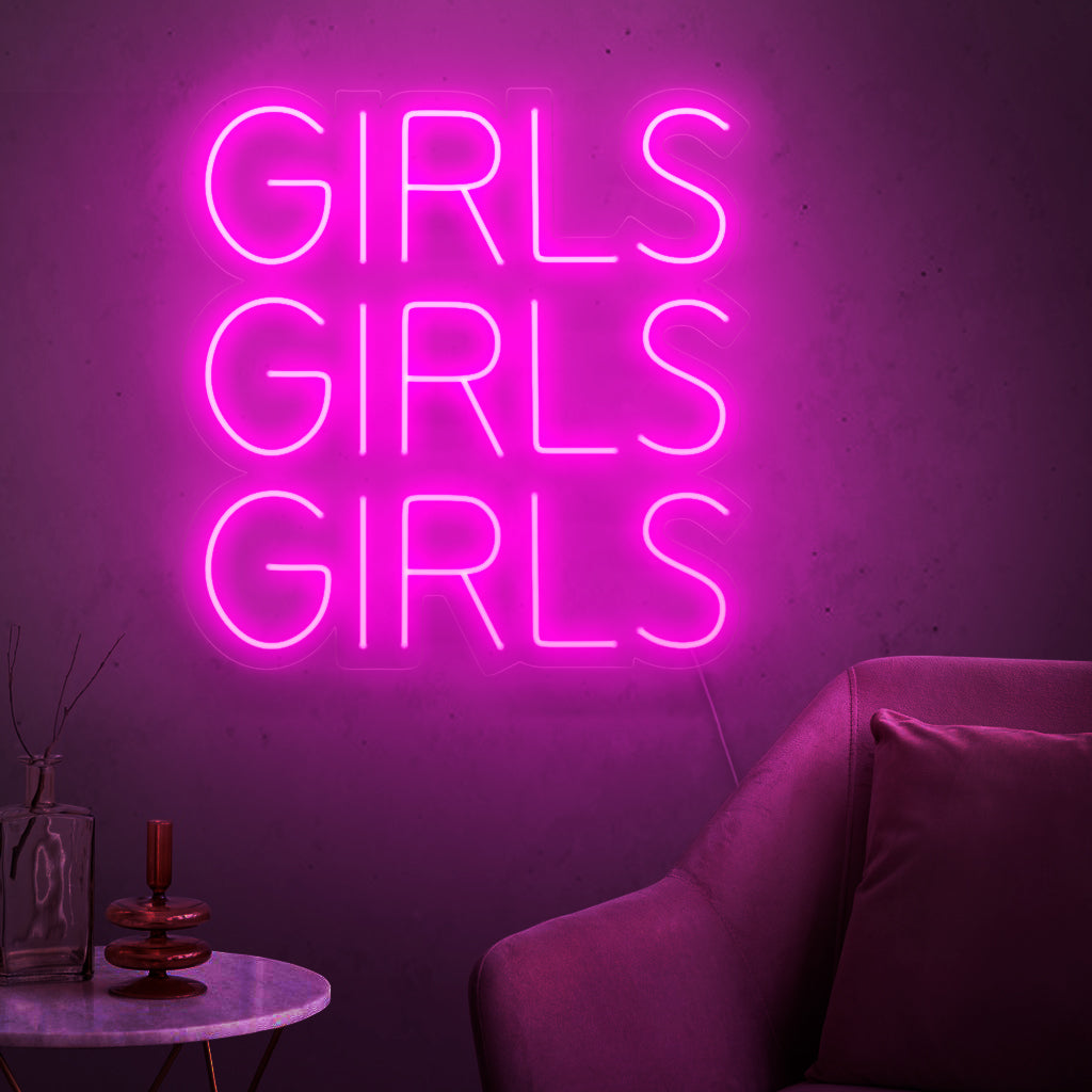"Girls Girls Girls Neon Sign" - utstrålar en levande och livlig atmosfär, perfekt för nattlivsställen och barer, vilket skapar en livlig och spännande atmosfär.