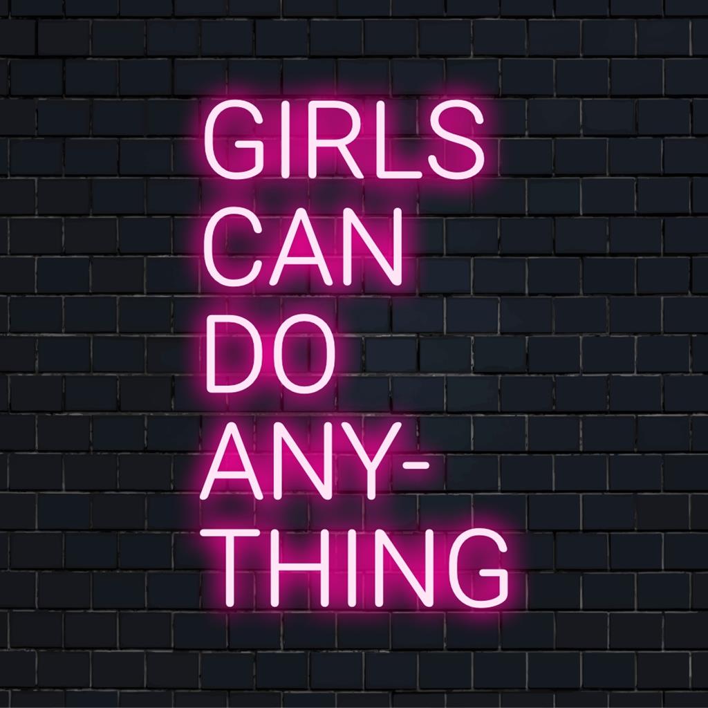 Skräddarsydd LED neonskylt som läser Girls Can Do Anything i strålande färger, perfekt för inspirerande väggdekor.