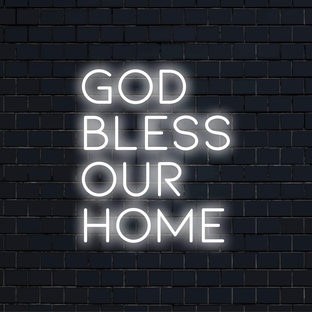 Specialformad LED-neonskylt som läser God Bless Our Home, perfekt för personlig heminredning och andlig atmosfär.