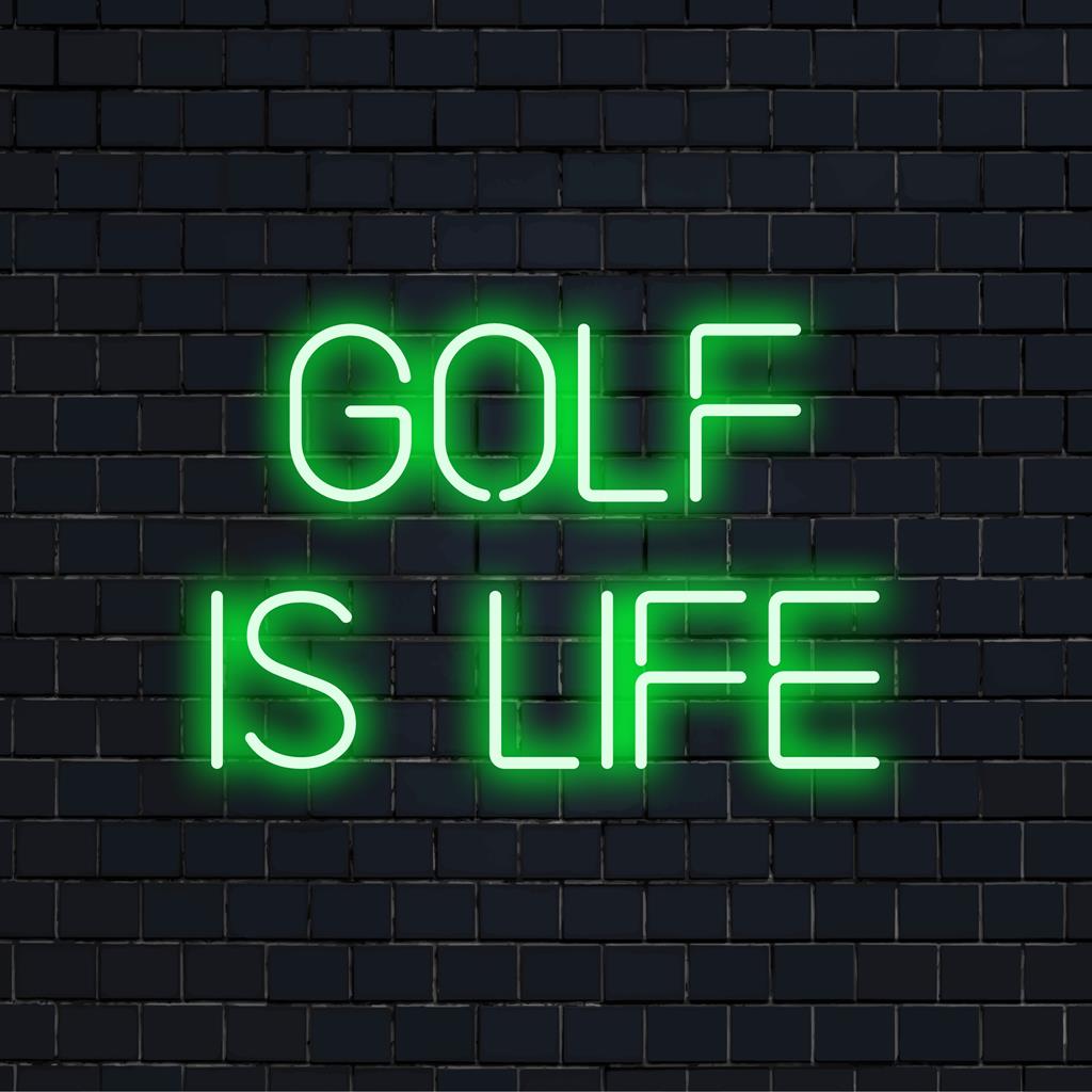 Anpassad LED neonskylt som läser Golf Is Life i ljusa, livfulla färger, perfekt för sportentusiaster, neon väggkonstälskare och anpassad inredning.