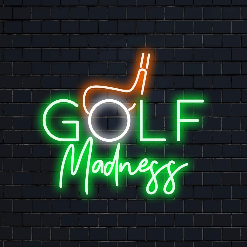 Livlig Golf Madness LED neonskylt, perfekt för sportentusiaster som vill accentuera sitt spelrum med anpassad neonljusinredning.