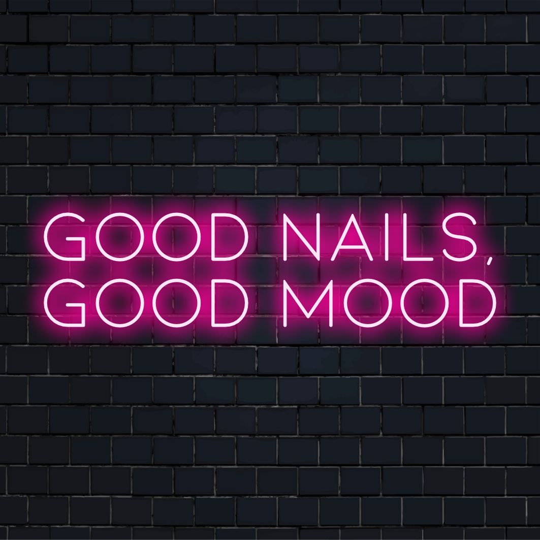 Vibrerande rosa "Good Nails, Good Mood" LED neonskylt, perfekt för skönhetsälskare som söker livlig inredning.