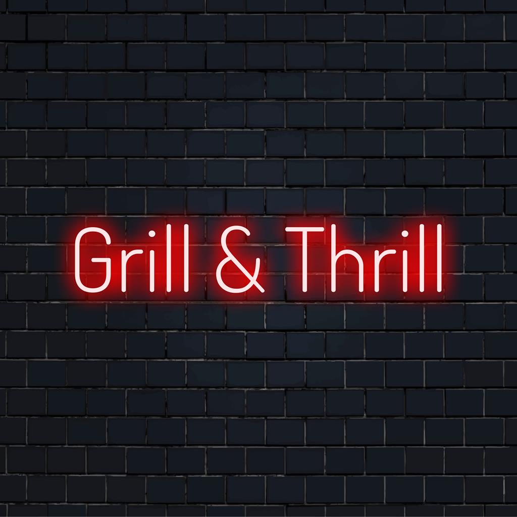 Livlig anpassad LED-neonskylt som stavar "Grill And Thrill", perfekt för heminredning eller en livlig matplats.