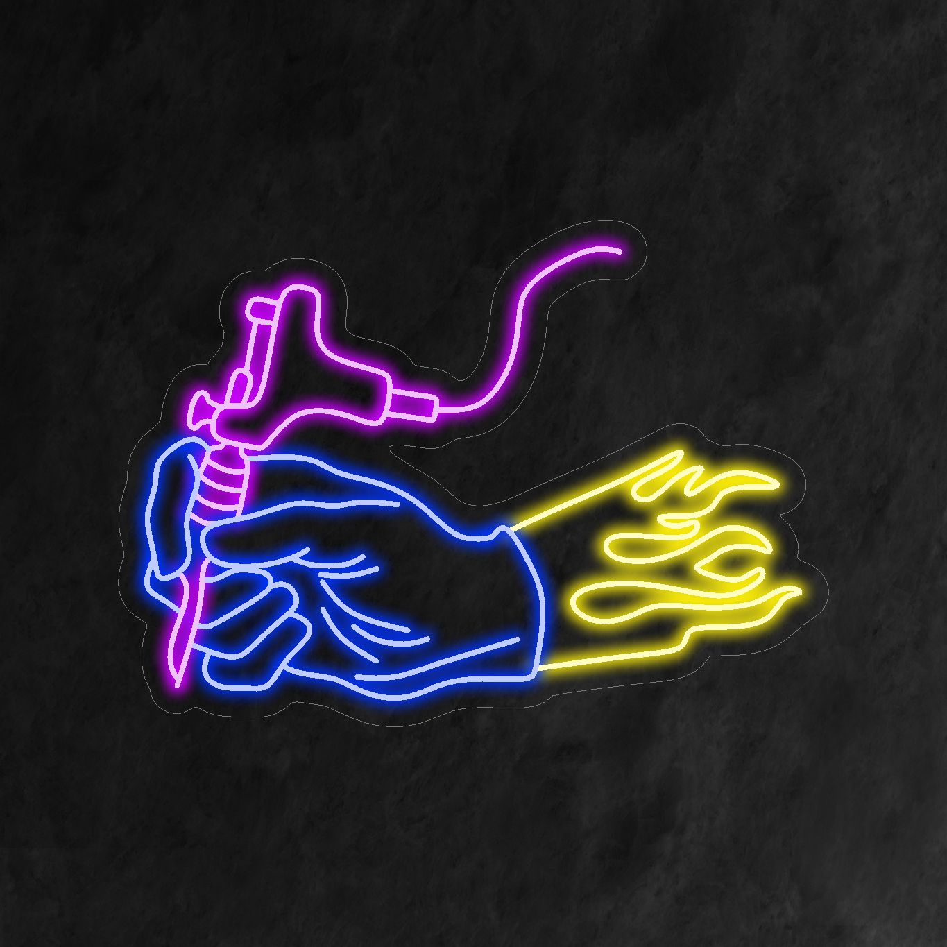 "Hand Holding Tattoo Machine Neon Sign" - En hyllning till konsten att tatuera, perfekt för tatueringsstudior och salonger, dedikerade till hantverket att skapa bestående och meningsfull kroppskonst.