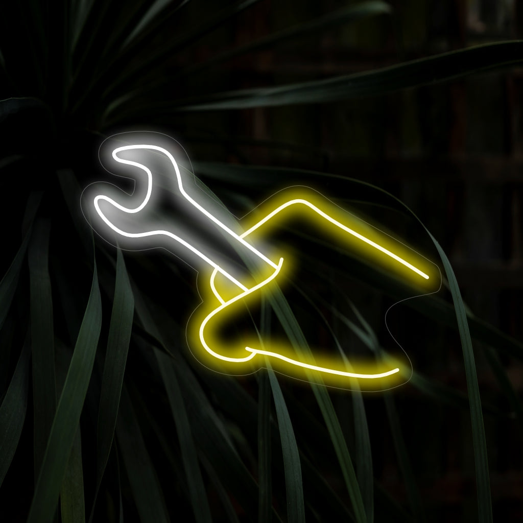 "Hand Holding A Wrench Tool Neon Sign" - Firar hantverk och hantverk, perfekt för verkstäder och mekanikerbutiker, dedikerade till skickliga yrken och hantverk.