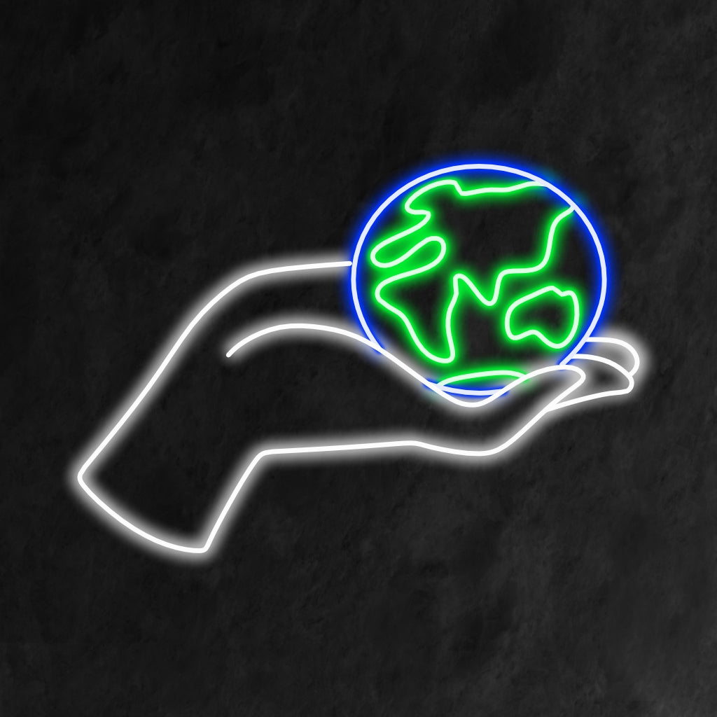 "Hand Holding the Planet Neon Sign" är ett miljövänligt och effektfullt tillägg till din interiör. Ett neonljus som symboliserar omsorg om planeten och miljömedvetande.