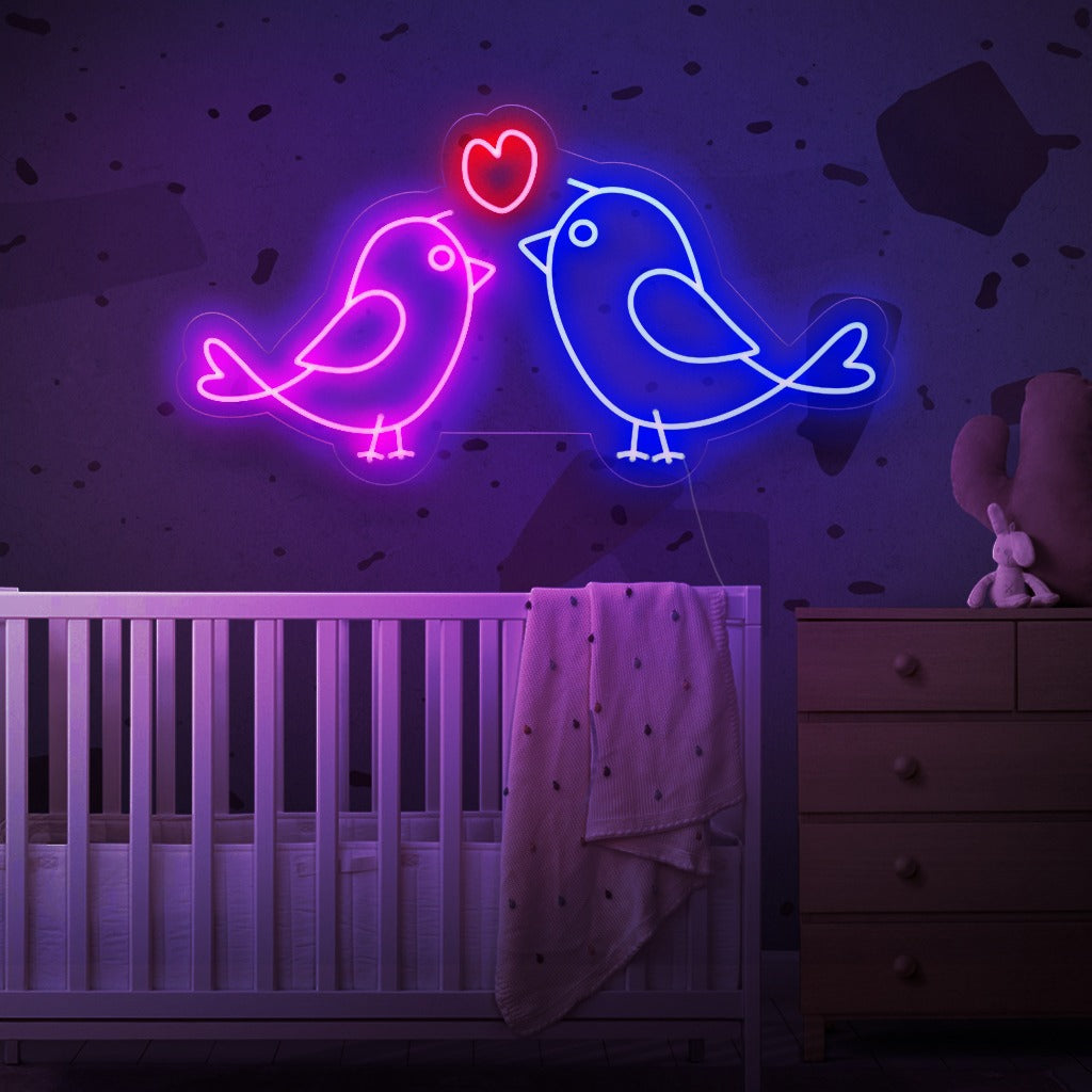 "Harmony of Lovebirds Neon Sign" - Fångar essensen av kärlek och samhörighet, perfekt för utrymmen som hyllar skönheten i relationer och sällskap.