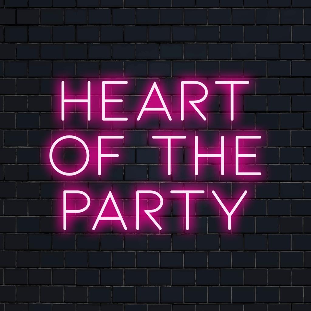 LED neonskylt med texten Hearth Of The Party, glödande i livfulla färger; perfekt för inomhusväggkonst och livlig inredning.