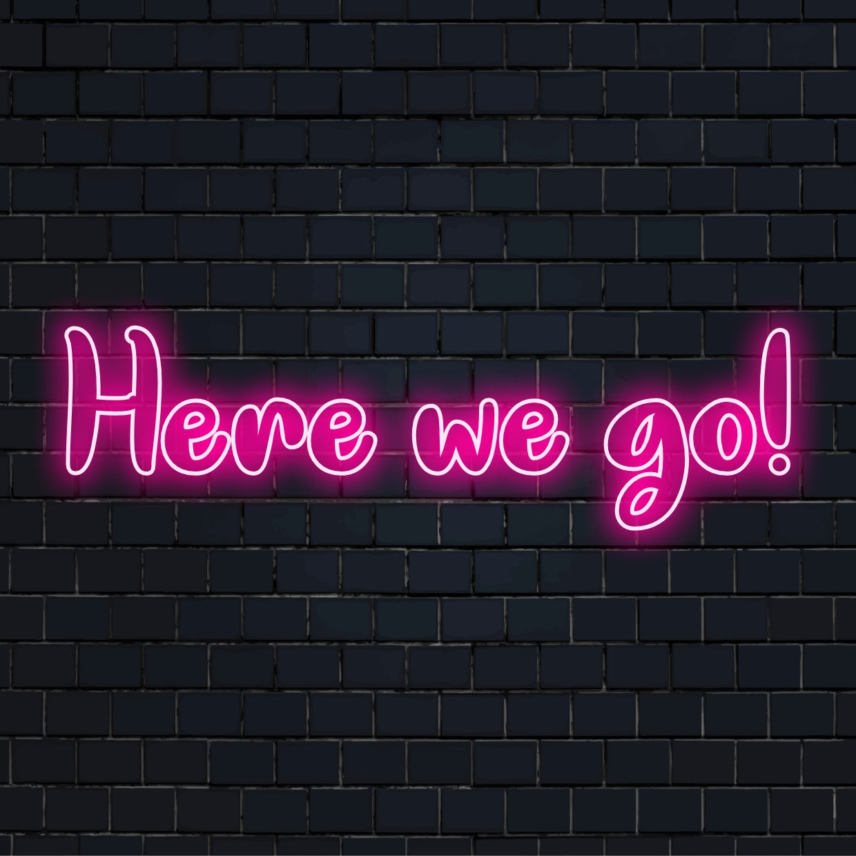 Livlig LED-neonskylt med "Here We Go"-text, perfekt för energisk inredning och inspirerande vibeförbättring.