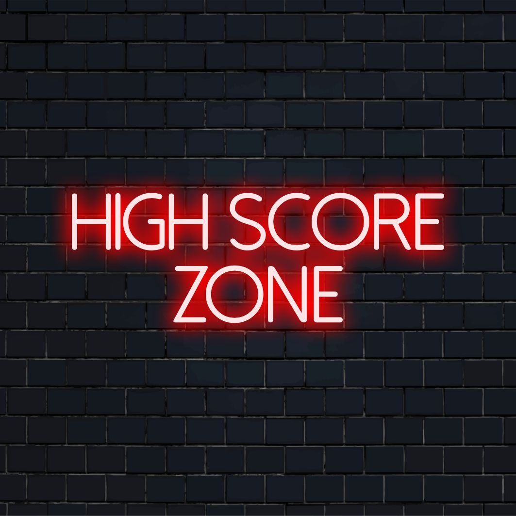 LED neonskylt med High Score Zone-text, med livfulla färger och lekfull design. Idealisk för spelväggar.