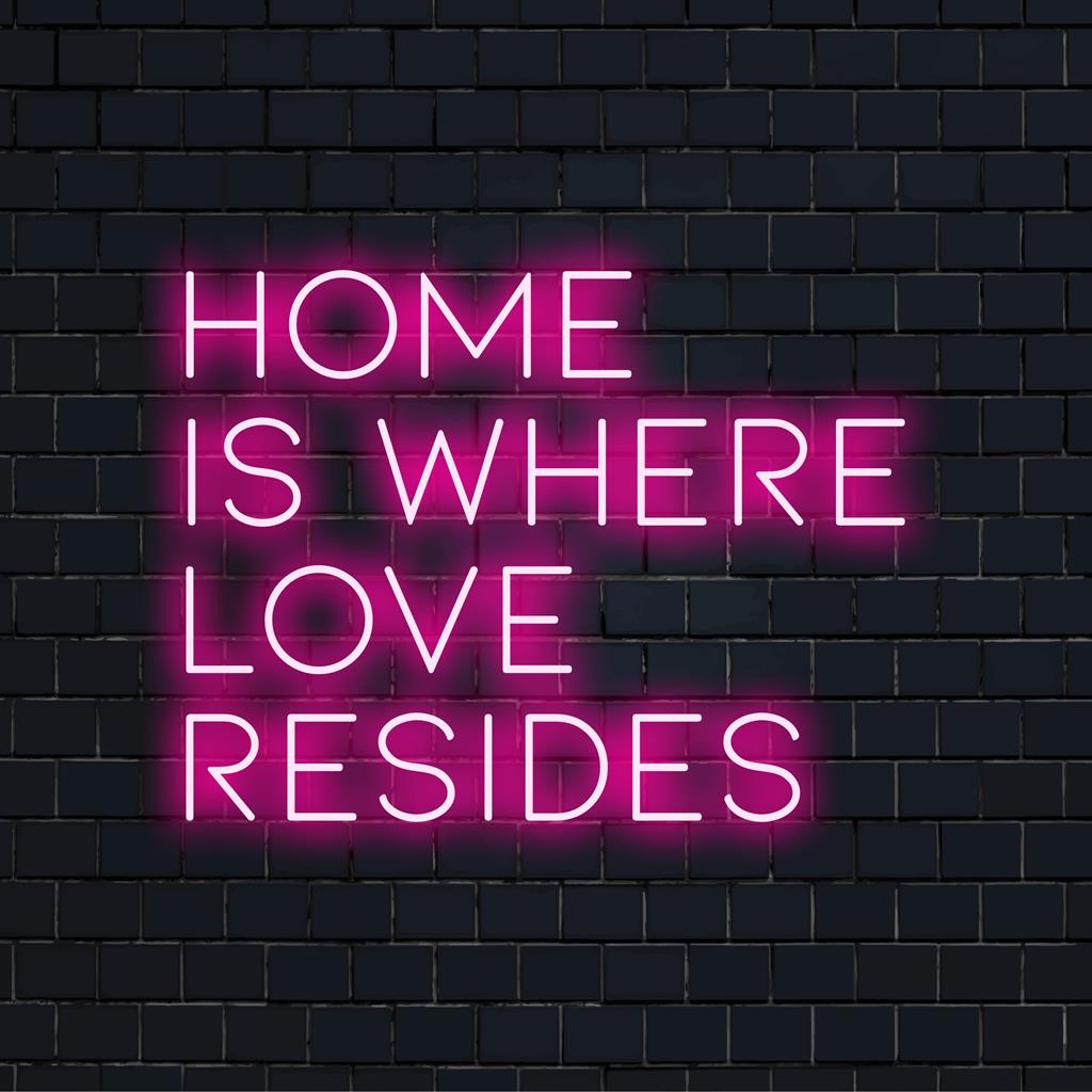 Livlig LED-neonskylt som visar upp Home Is Where Love Resides - perfekt för hjärtvärmande inredning och mysig atmosfär.