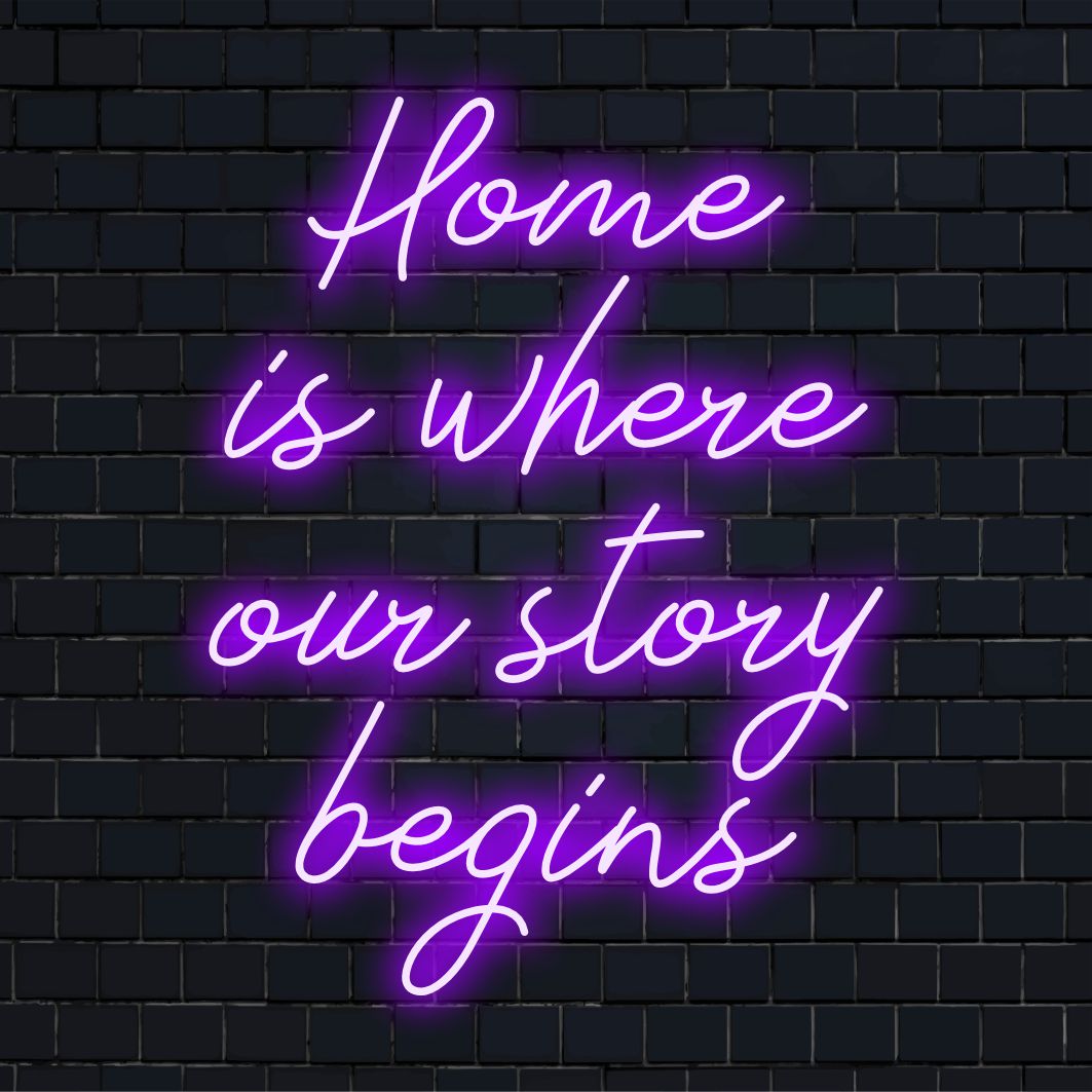 LED neonskylt med texten Home Is Where Our Story Begins, perfekt för att tillföra värme till alla utrymmen. Anpassad LED-gnista och komfort.