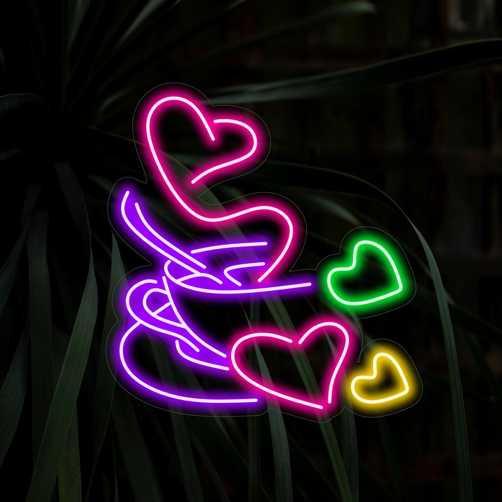 "Hot Coffee Cup With Heart Shape Neon Sign" - Ett romantiskt och inbjudande tillskott till kaféer, med en rykande kaffekopp med hjärtform för en charmig och kärleksfylld atmosfär.