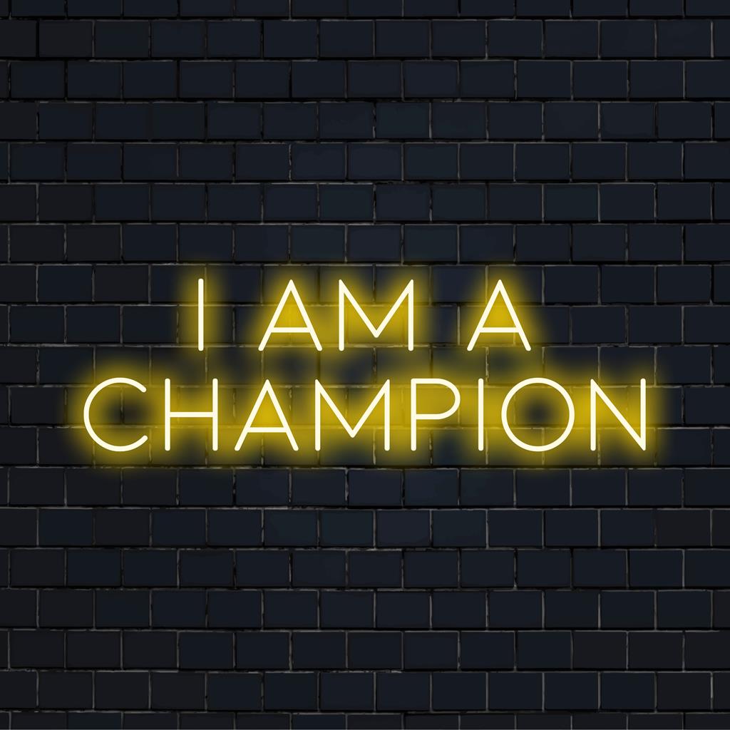 LED neonskylt med I Am A Champion, perfekt för att skapa motiverande neonväggkonst eller personlig inredning.
