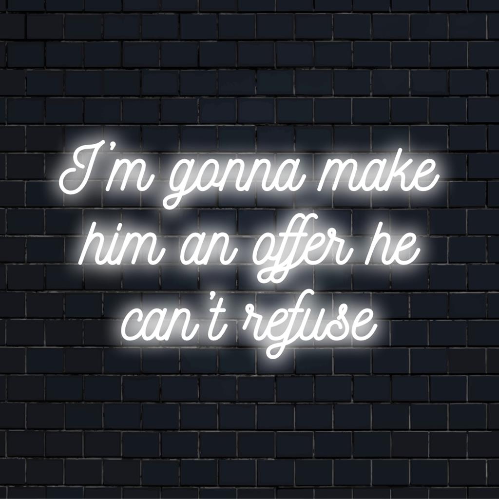 LED-neonskylt med det ikoniska citatet "Jag ska ge honom ett erbjudande som han inte kan tacka nej till." Neonljus väggkonst, personlig inredning.