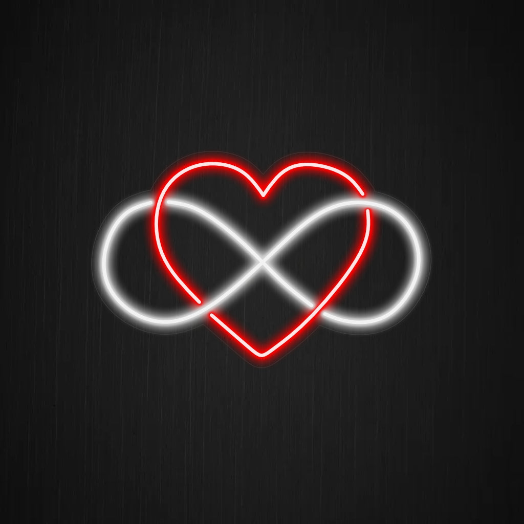 "Infinity Heart Neon Sign" - En symbol för evig kärlek, detta fängslande neonljus ger en romantisk och tidlös touch till alla utrymmen med sin varma glöd.