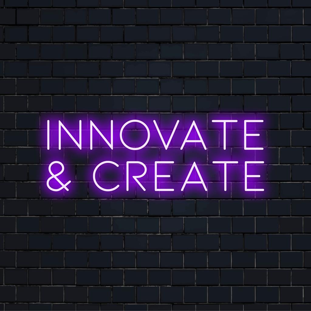 LED neonskylt med frasen "Innovate and Create" med stilfulla bokstäver, perfekt för att inspirera till kreativitet i alla utrymmen.