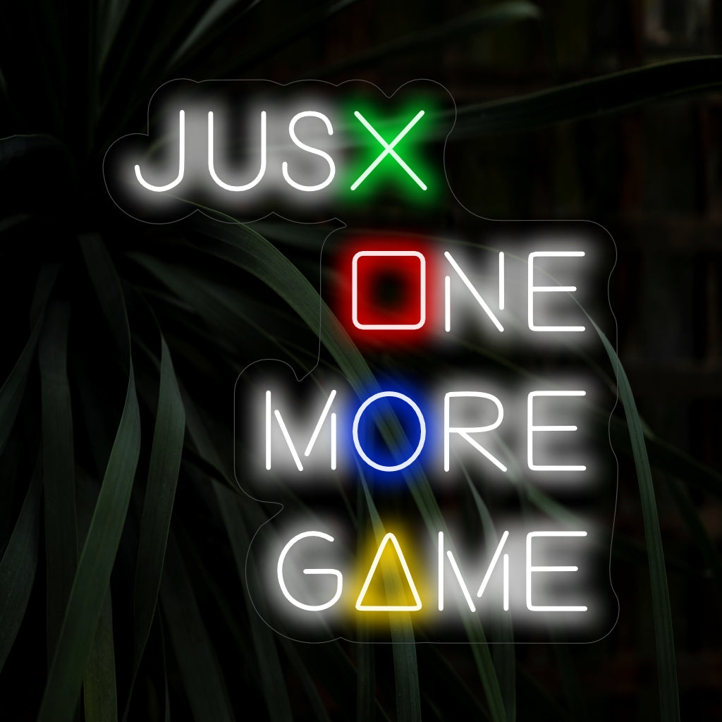 "Just One More Game Neon Sign" - Förhöj ditt spelutrymme med denna livfulla neonskylt som lockar dig att dyka in i den virtuella världen för bara ett spel till.