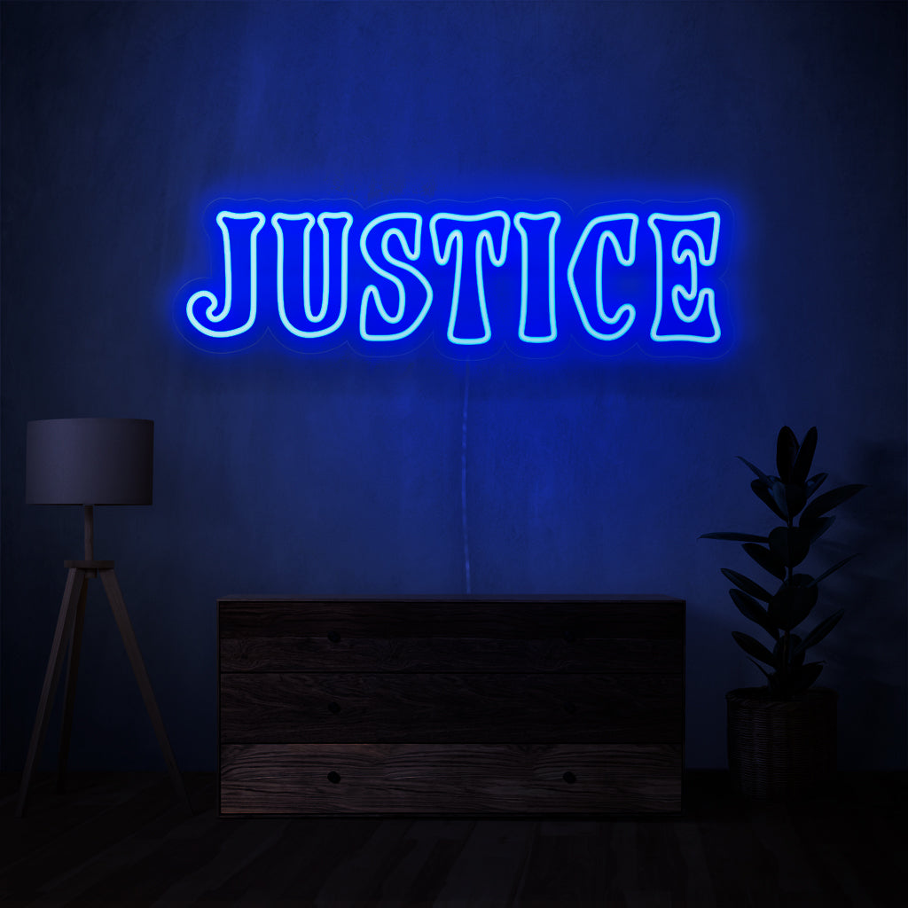 "Justice Neon Sign" - Lys upp ditt utrymme med den kraftfulla symbolen för rättvisa, skapa en atmosfär av rättvisa och integritet.