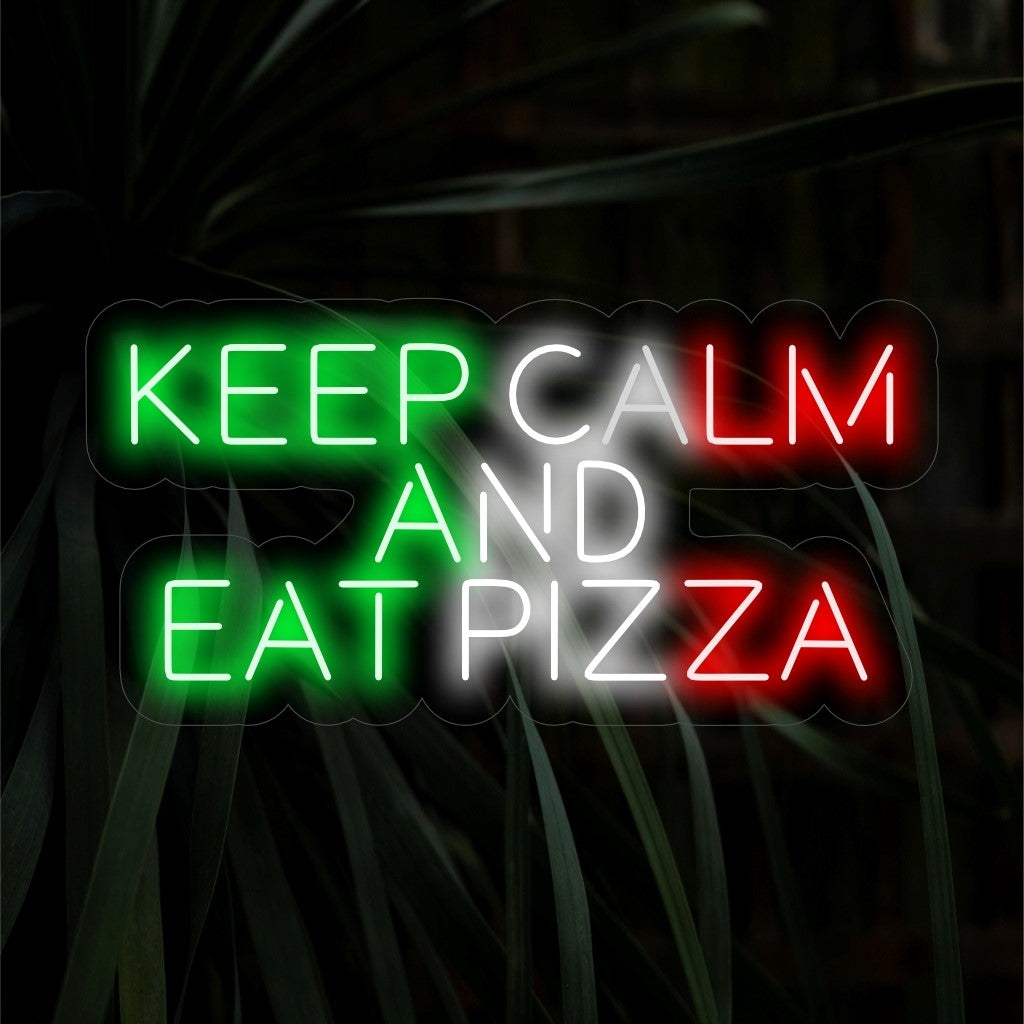 "Keep Calm And Eat Pizza Neon Sign" - Ge en pizzeria eller kök en avslappnad atmosfär med detta livfulla neonljus. Perfekt för att skapa en avslappnad och inbjudande atmosfär.