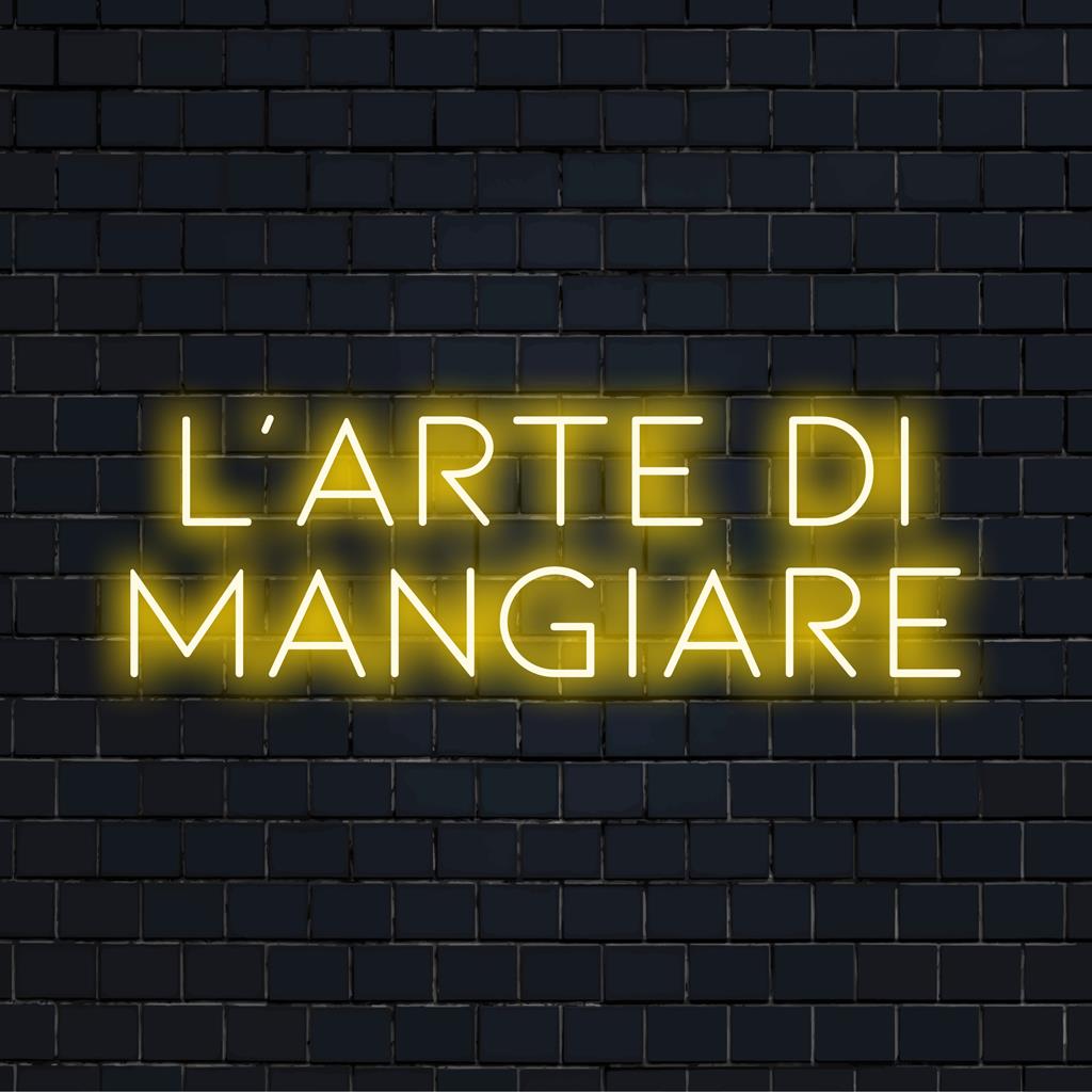 Anpassad LED neonskylt med L'arte Di Mangiare, perfekt för modern inredning och upplysande av kulinariska utrymmen.