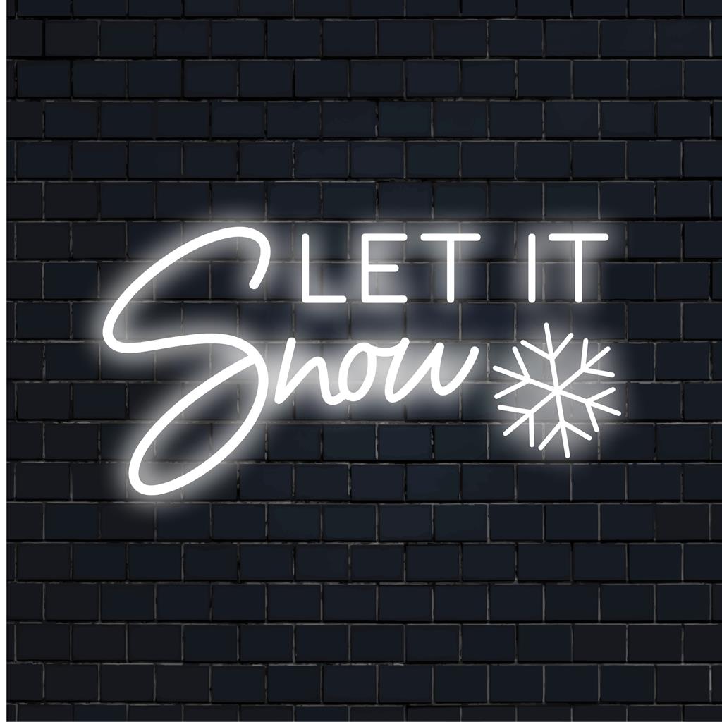 Let It Snow LED neonskyltdesign med specialanpassade handgjorda ljusa vita bokstäver, perfekt neonljusdekor för vinterstämning.